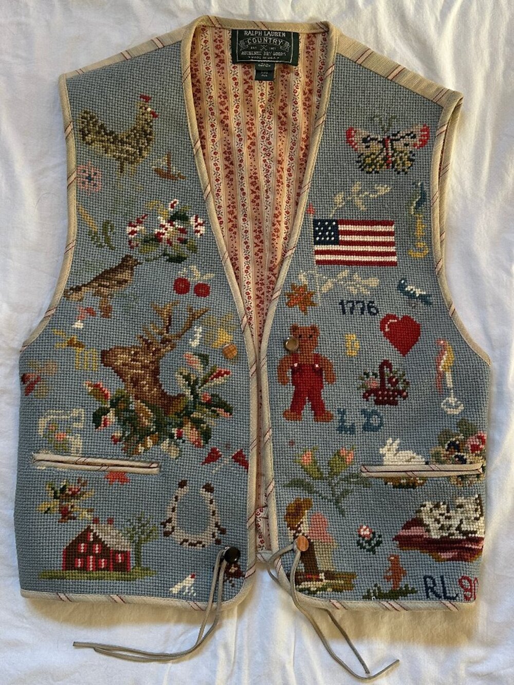 Vintage Ralph Lauren Vest Needlepoint Vest Sampler Americana